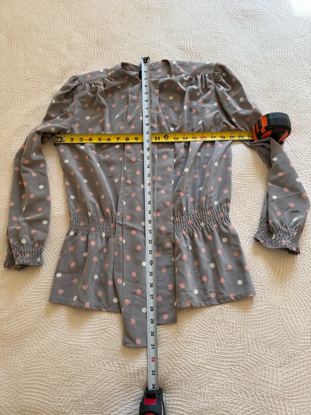 Louis Feraud Gray Blouse with Pink & White Polka Dots